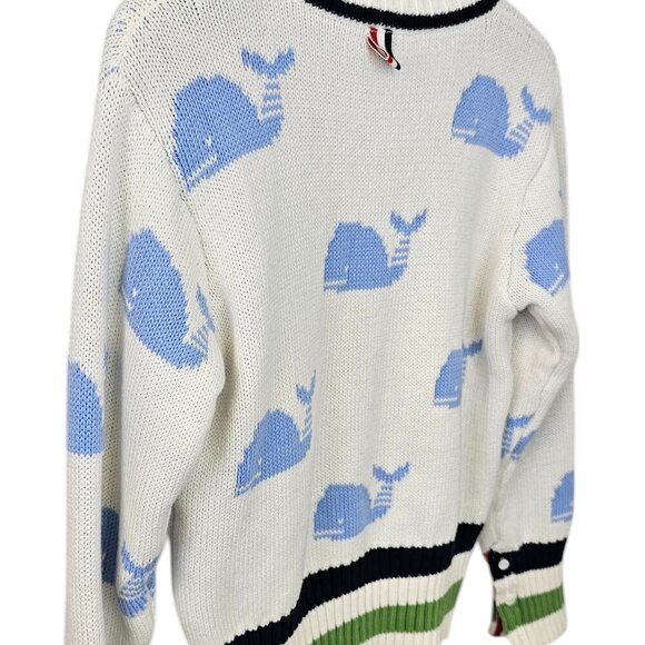 Thom Browne Womens V-Neck Whale Knit Cotton Sweater, Striped, Size 36 - Picture 10 of 11
